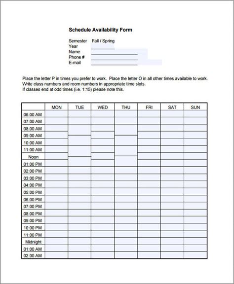 Printable Availability Schedule