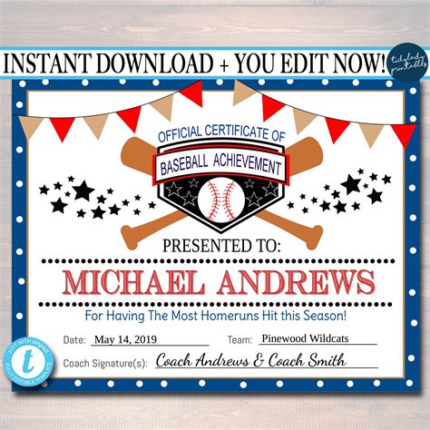 Printable Baseball Certificate Template