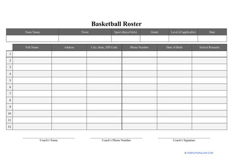 Printable Basketball Roster Template