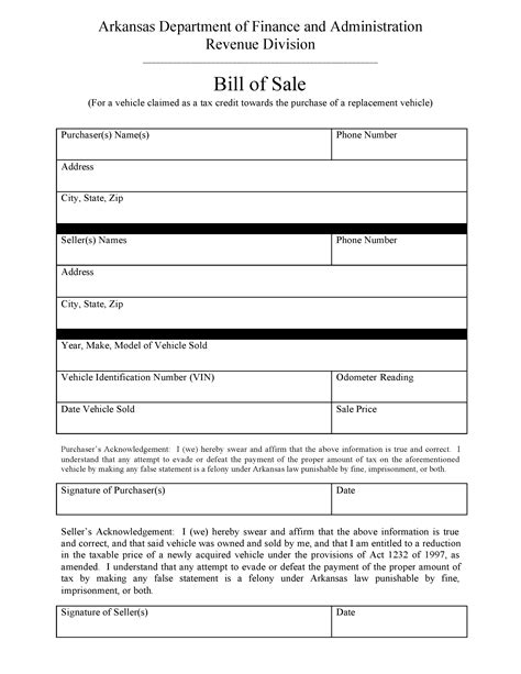 Printable Bill Of Sale Arkansas