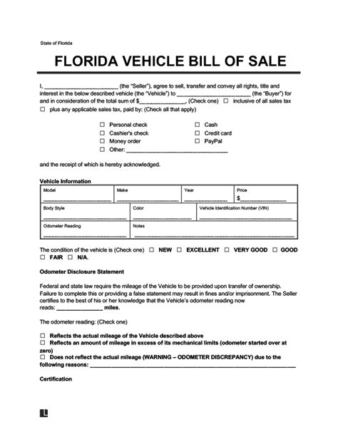 Printable Bill Of Sale For Car Florida
