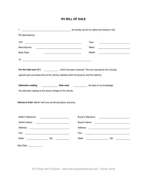 Printable Bill Of Sale For Rv