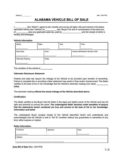 Printable Bill Of Sale For Vehicle Alabama