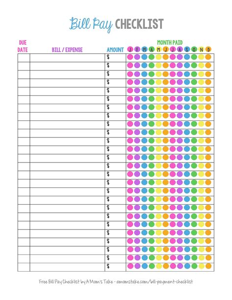 Printable Bill Payment Checklist