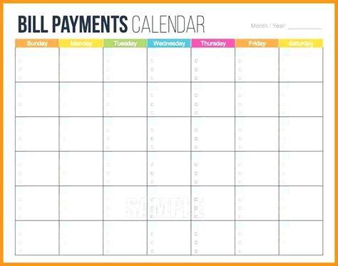 Printable Bills Payment Schedule
