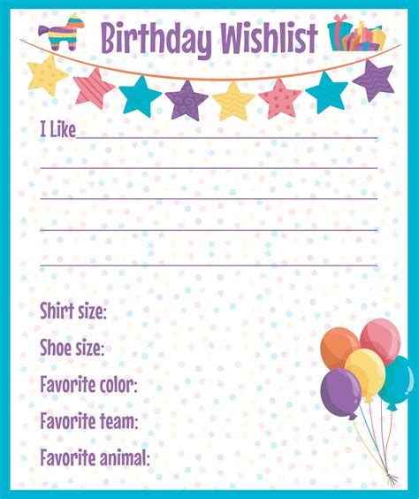 Printable Birthday Wish List Template
