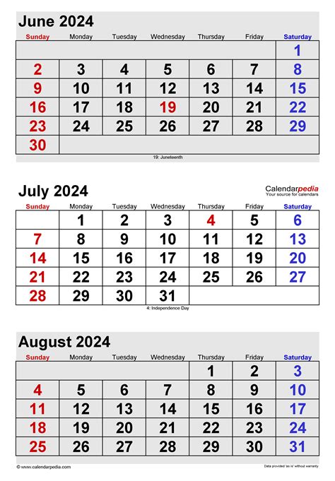 Printable Calendar 2024 June July August