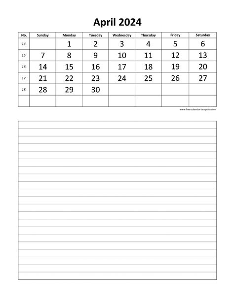 Printable Calendar April 2024 with Notes