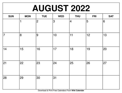 Printable Calendar For August 2022
