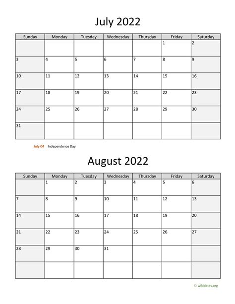 Printable Calendar July August 2022