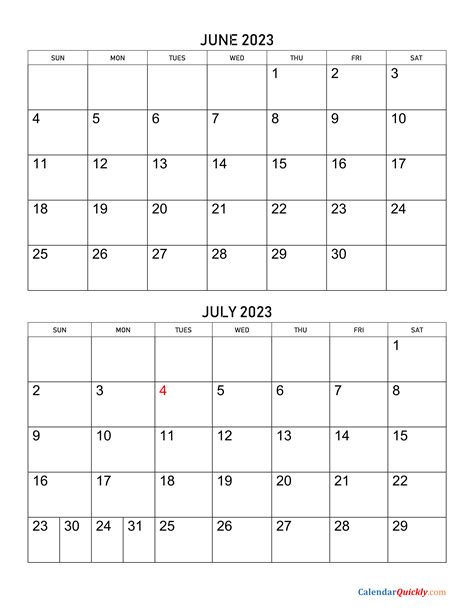 Printable Calendar June July 2023