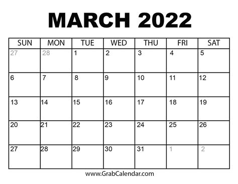 Printable Calendar March 2022