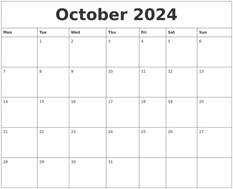 October 2024 Calendar (PDF Word Excel)