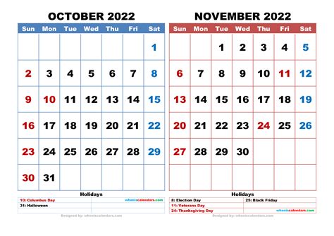 Printable Calendar October November 2022