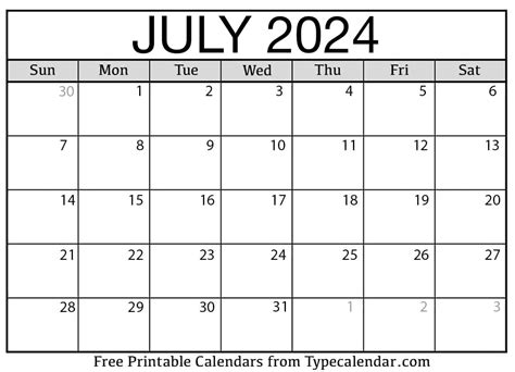 Printable Calendar Of July