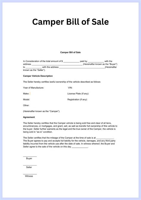 Printable Camper Bill Of Sale Template