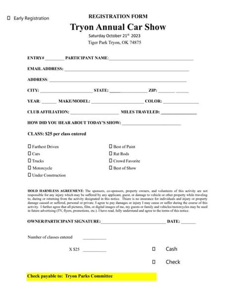 Printable Car Show Registration Form Template – Instructions, Pdf ...