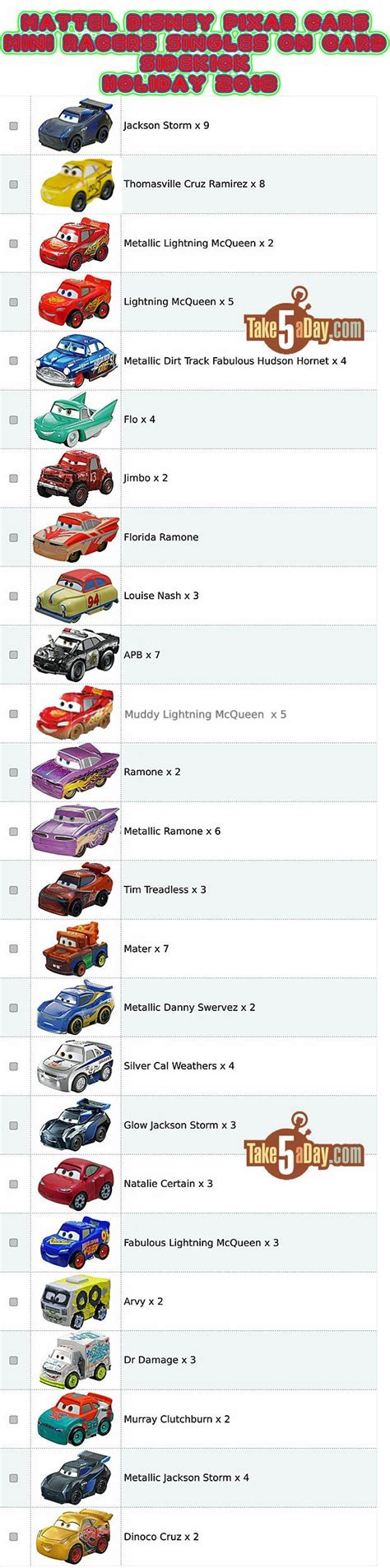 Printable Cars Mini Racers Checklist