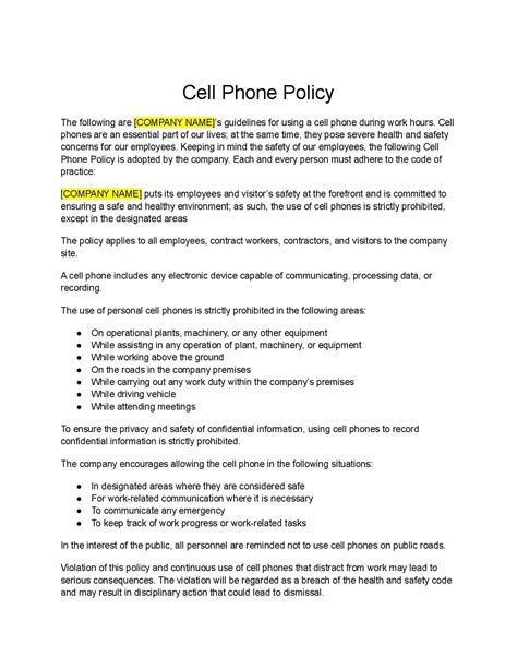 Printable Cell Phone Policy Template