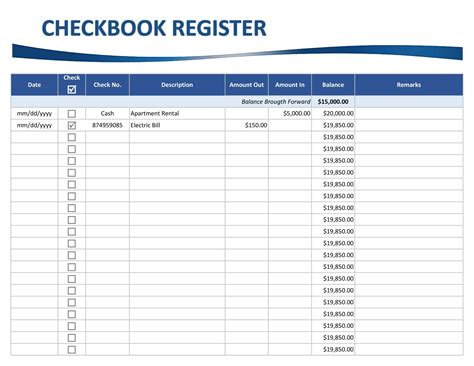 Printable Check Register Template Excel
