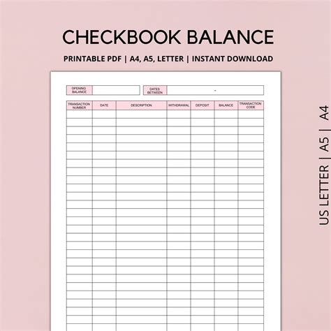 Printable Checkbook Balance Sheet