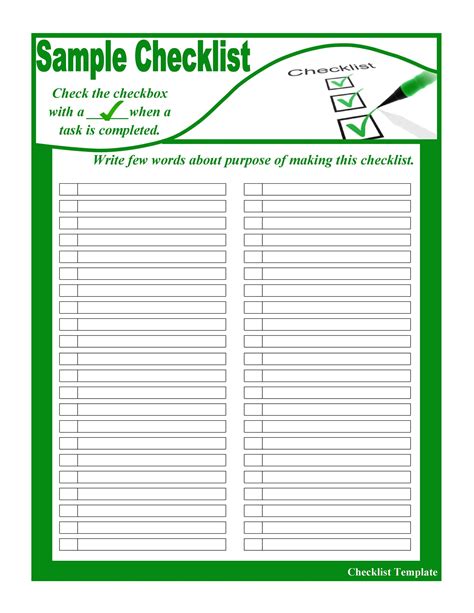 Printable Checklist Template Excel