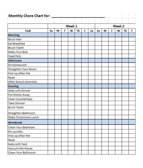 Printable Chore Chart Template Excel