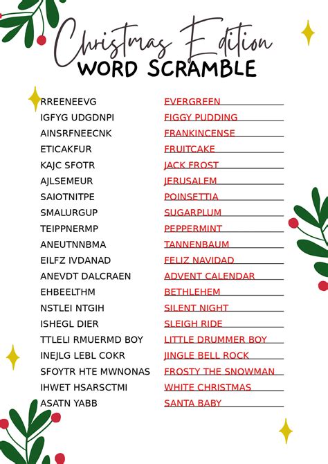 Printable Christmas Word Scramble With Answers