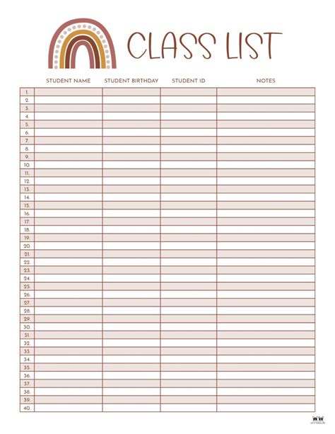 Printable Class Lists Templates