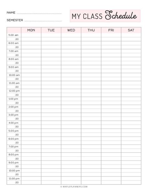 Printable Class Schedule Weekly