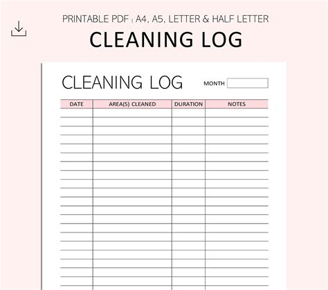 Printable Cleaning Log Template