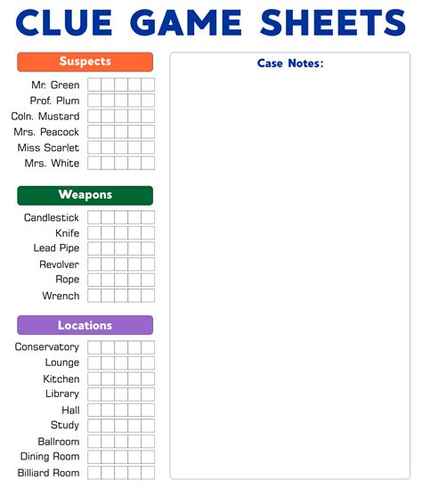 Printable Clue Score Sheet Pdf