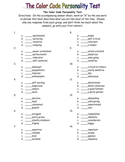 Printable Color Code Personality Test