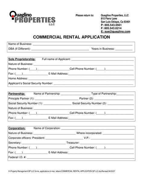 Printable Commercial Rental Application Form