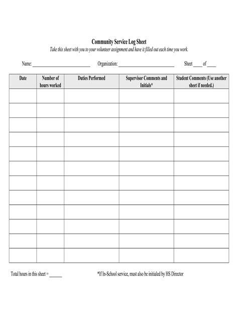 Printable Community Service Log