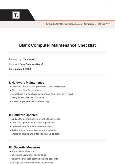 Printable Computer Maintenance Checklist Template