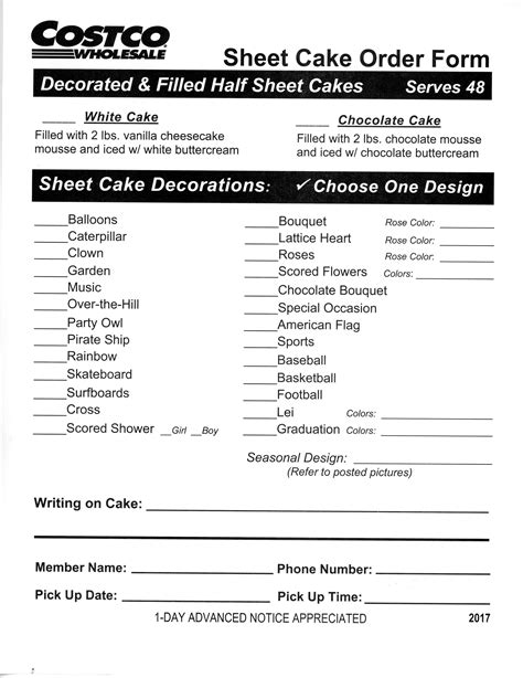 Printable Costco Cake Order Form