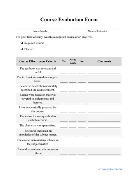 Printable Course Evaluation Form Template