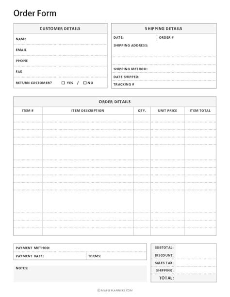 Printable Custom Order Form Template Free Excel