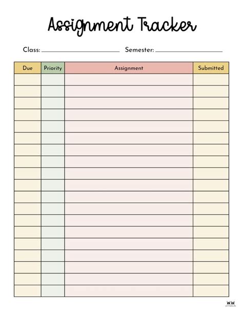 Printable Daily Assignment Sheet Template