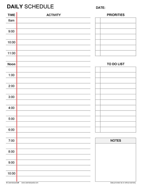 Printable Daily Time Schedule Form Pdf