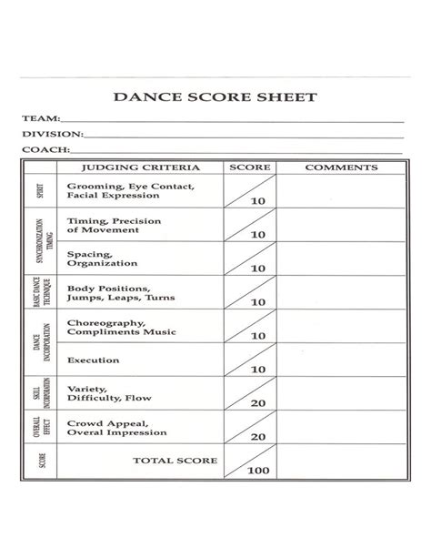 Printable Dance Score Sheet