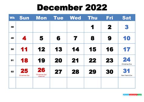 Printable December Calendar 2022 With Holidays