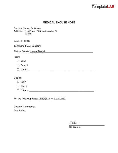 Printable Doctors Excuse For Work From Hospital