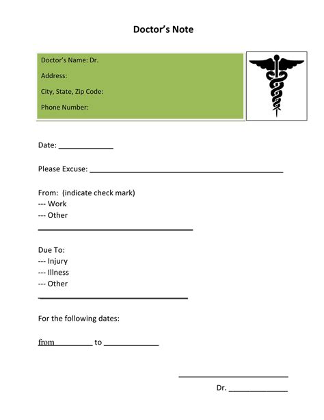 Printable Doctors Note For Work With Signature