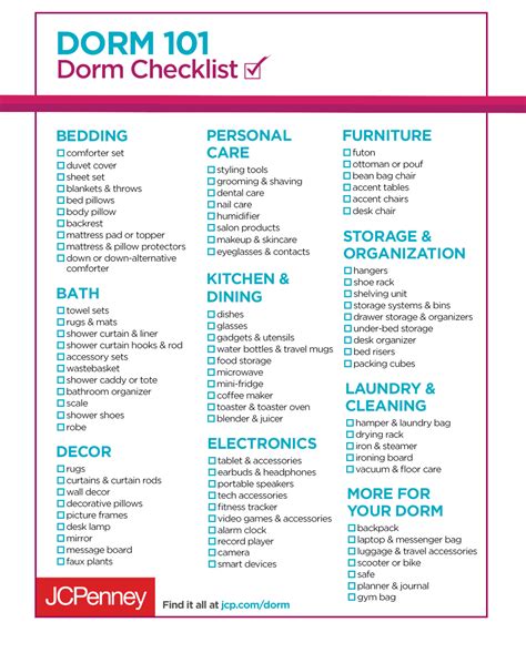 Printable Dorm Checklist