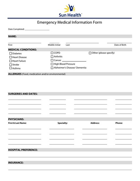 Printable Emergency Medical Forms Template