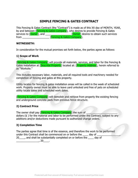 Printable Fencing Contract Template