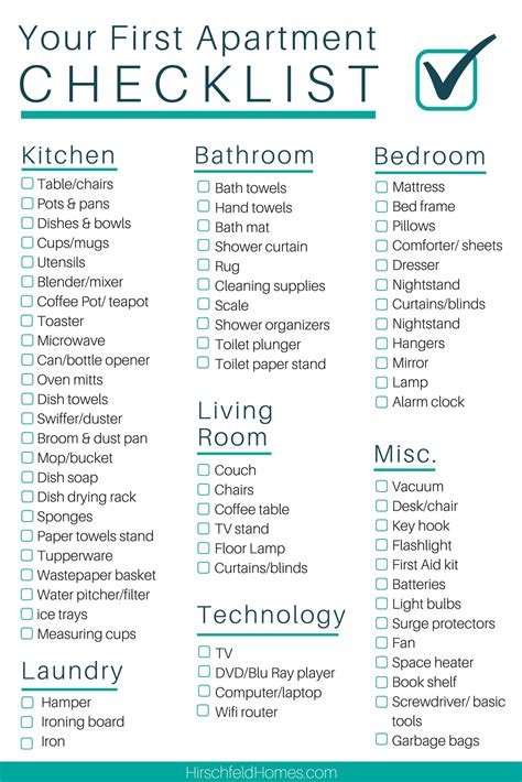 Printable First Apartment Checklist