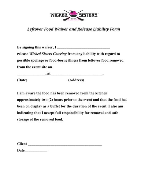 Printable Food Waiver Template